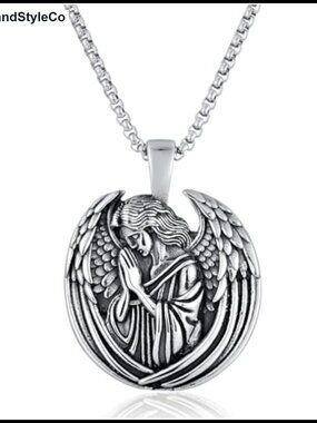 Stainless Steel Guardian Angel Medallion Pendant Necklace Religious Prayer